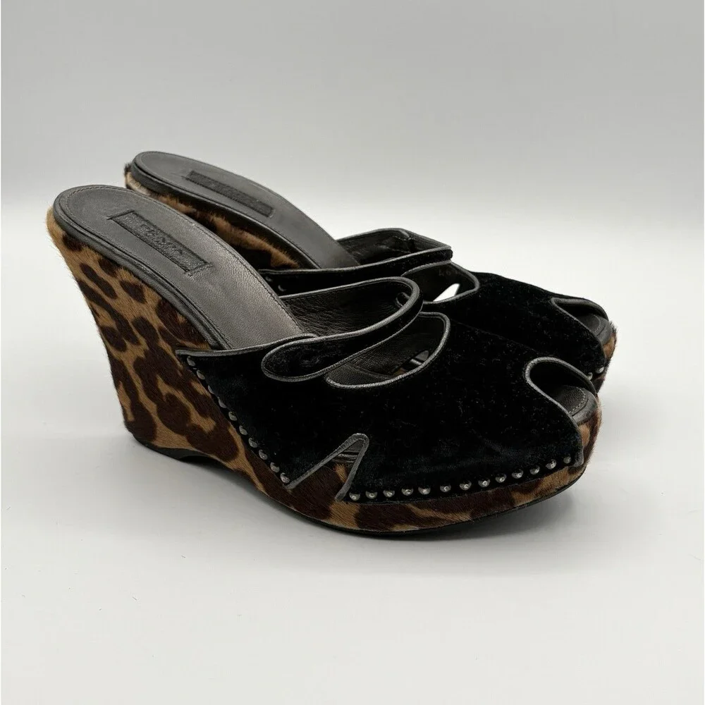 Prada Leopard Print Calf Hair Wedges Black Cut-Out & Stud Details Y2K Sz EU 36.5